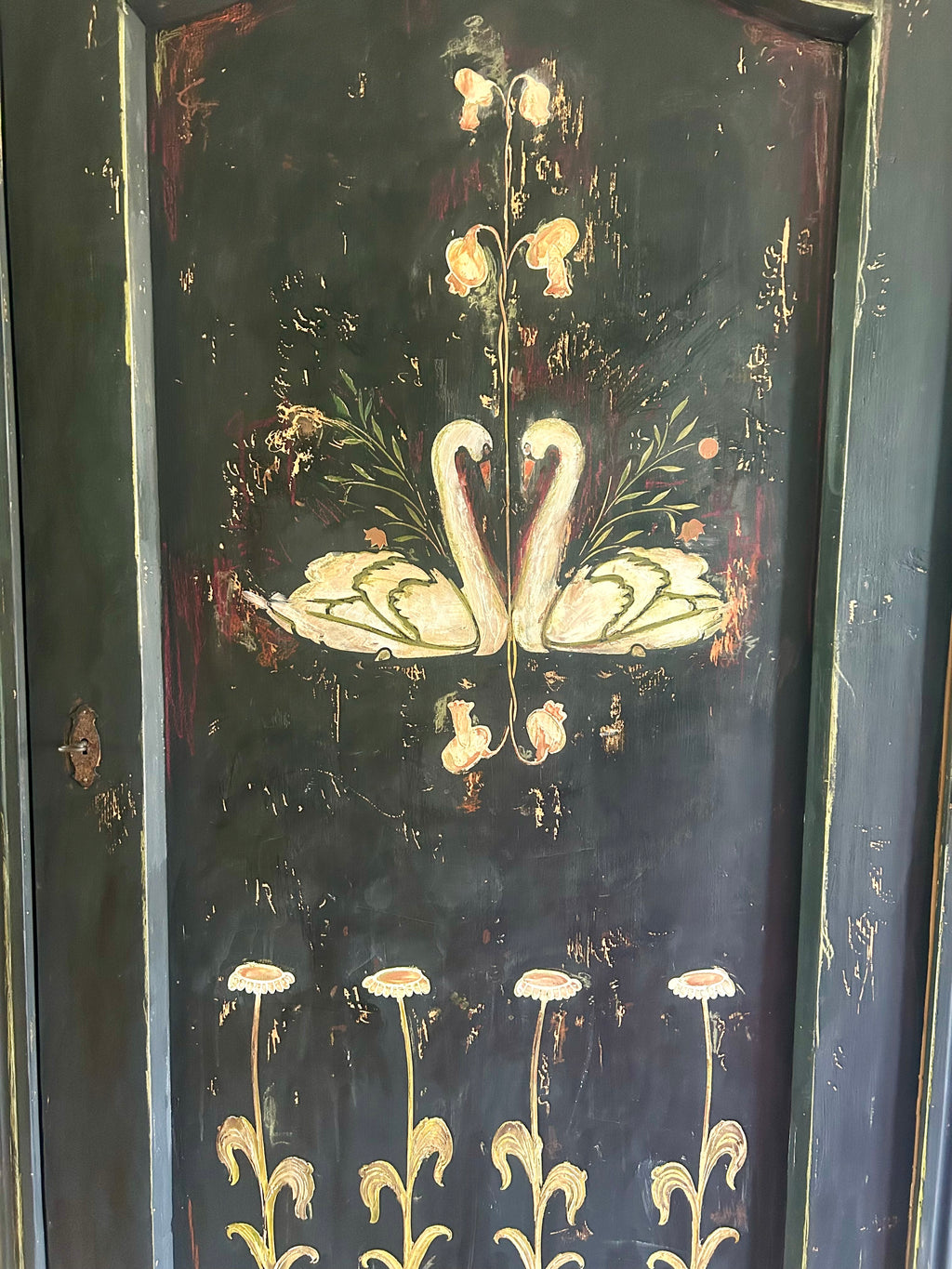 Vintage Painted Pine Armoire with Folk Art Swan Design