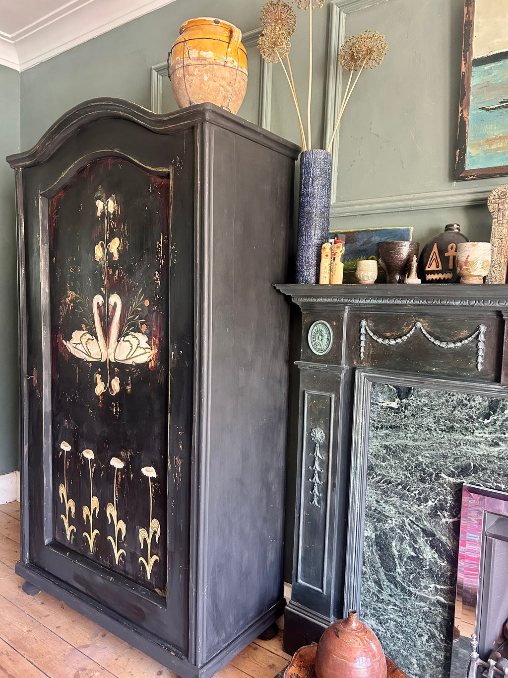 Vintage Painted Pine Armoire with Folk Art Swan Design