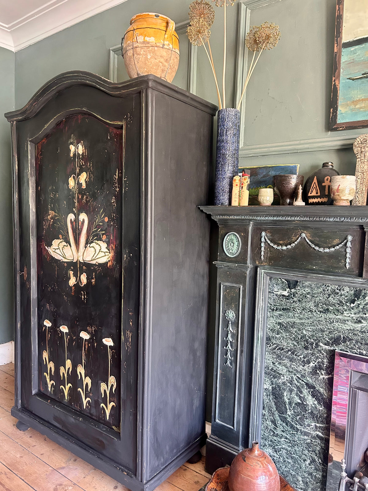 Vintage Painted Pine Armoire with Folk Art Swan Design