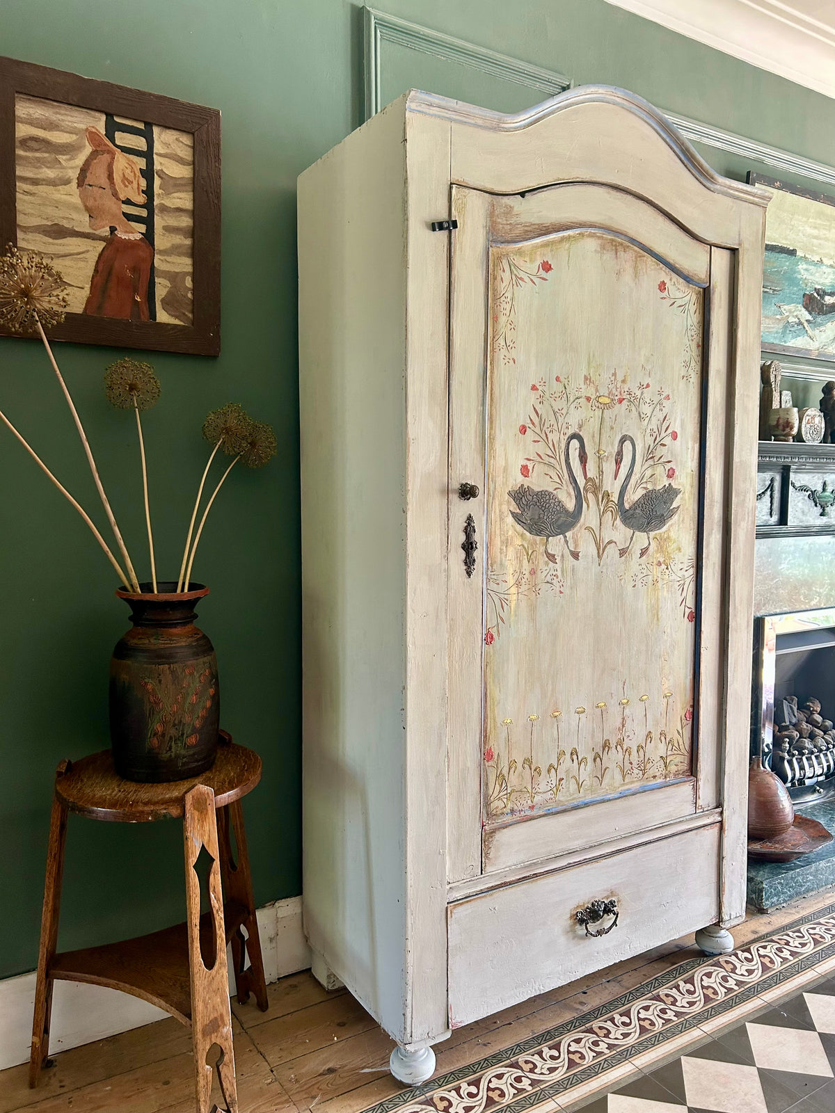 Vintage Folk Art Swan Armoire