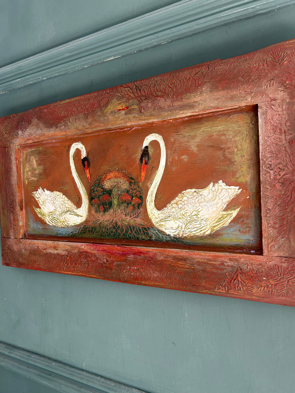 Vintage Reclaimed Door Wallhanging with Folk Art