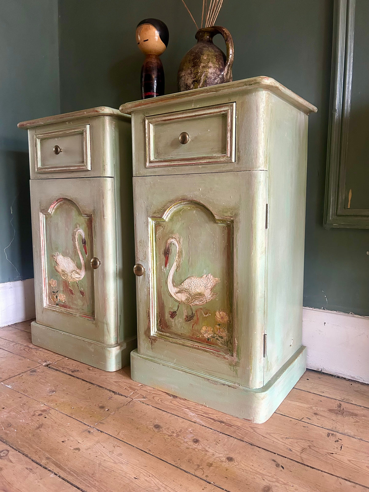 Vintage Painted Folk Art Bedside Cupboards