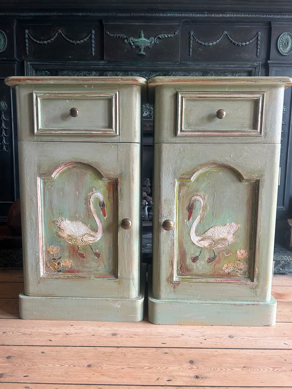 Vintage Painted Folk Art Bedside Cupboards