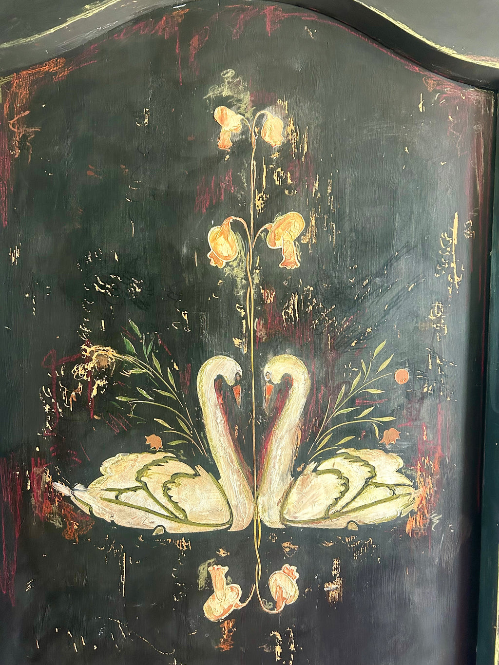 Vintage Painted Pine Armoire with Folk Art Swan Design
