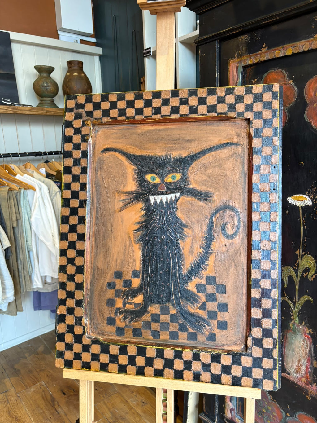 Reclaimed Door Wallhanging with Cat and Checkerboard Frame