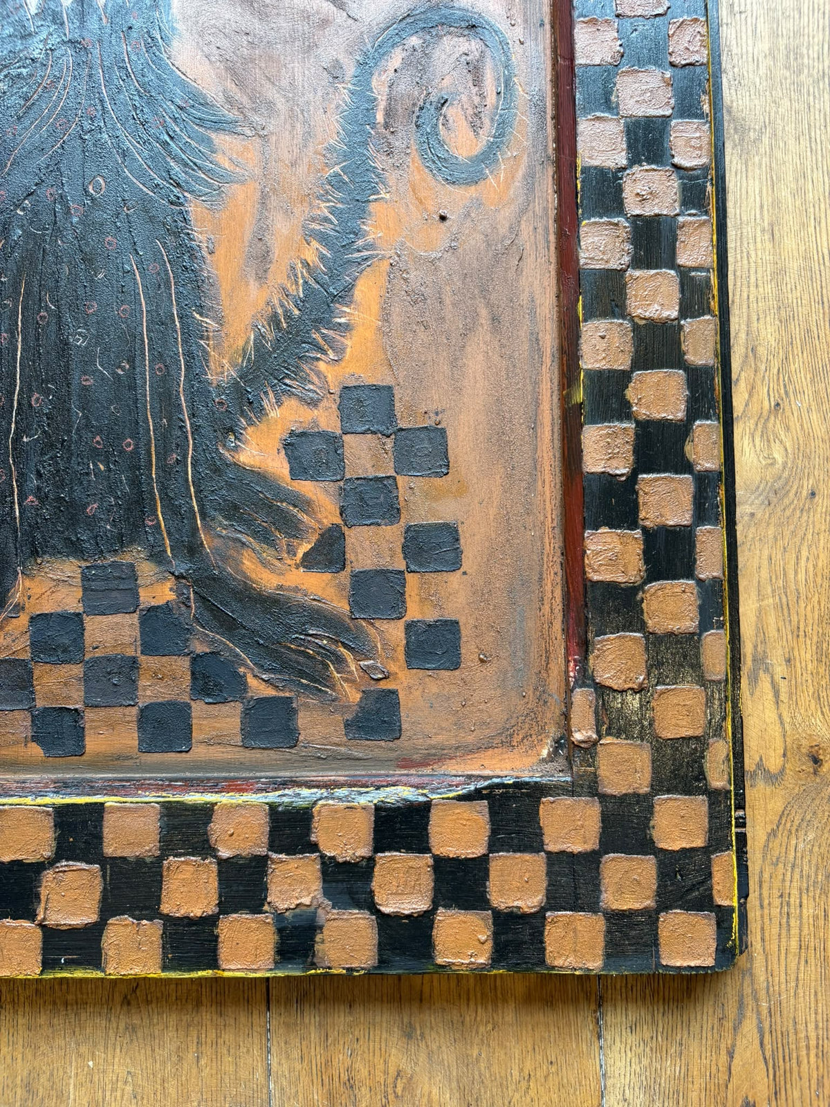 Reclaimed Door Wallhanging with Cat and Checkerboard Frame