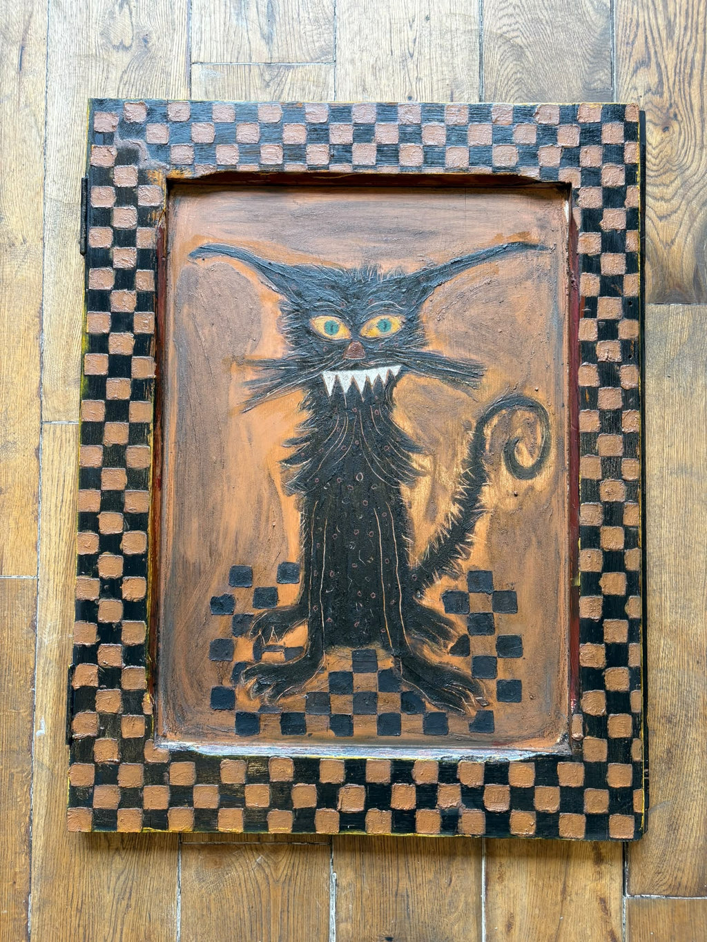 Reclaimed Door Wallhanging with Cat and Checkerboard Frame