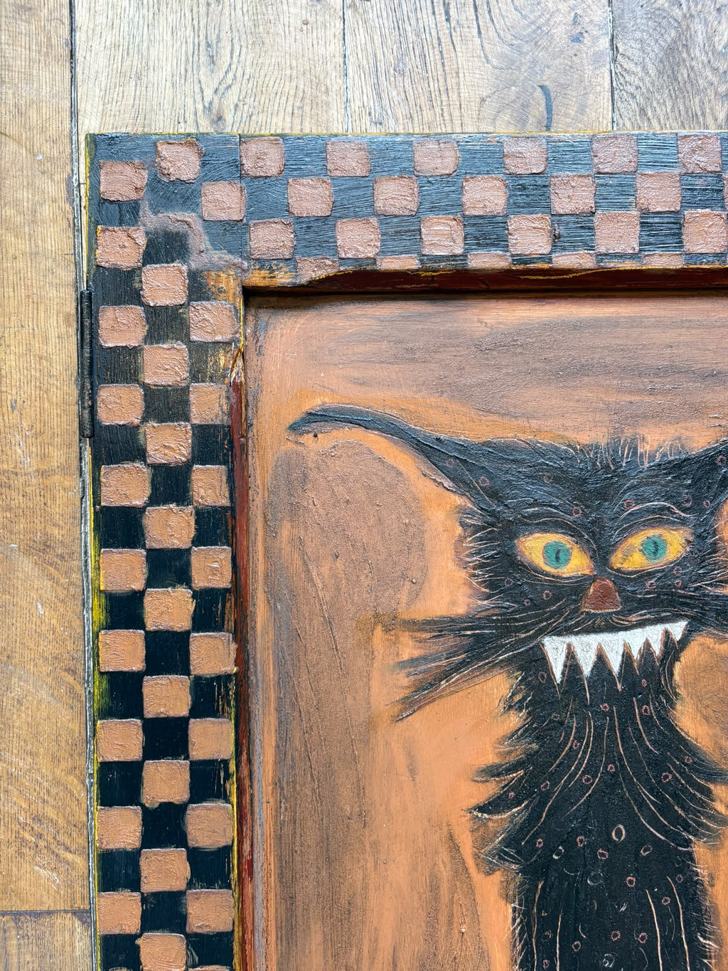 Reclaimed Door Wallhanging with Cat and Checkerboard Frame