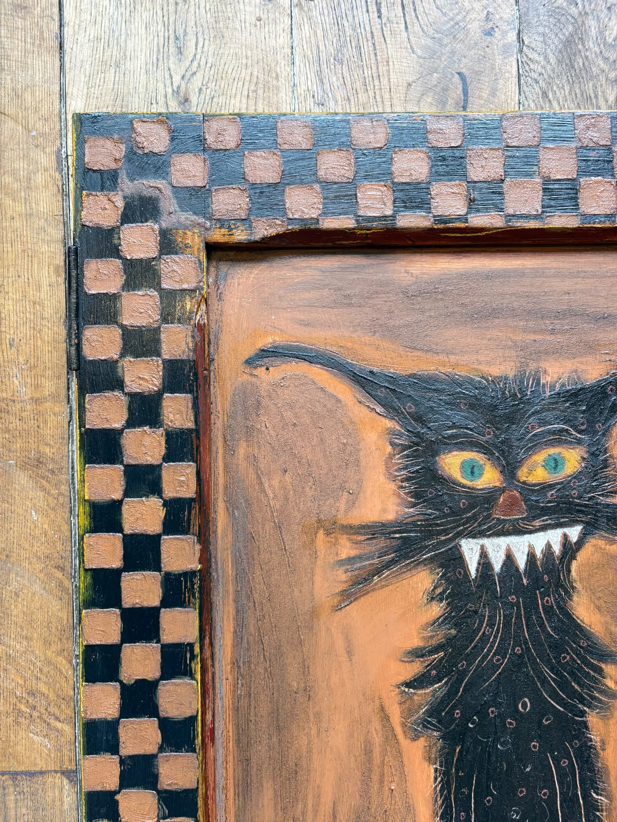 Reclaimed Door Wallhanging with Cat and Checkerboard Frame