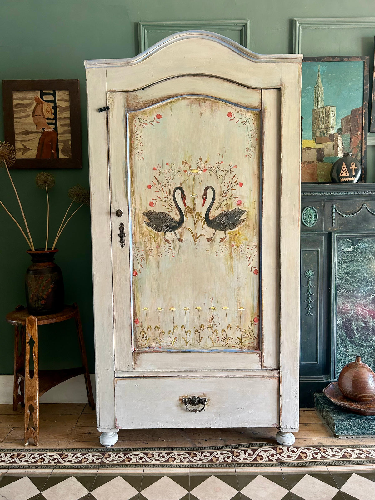 Vintage Folk Art Swan Armoire