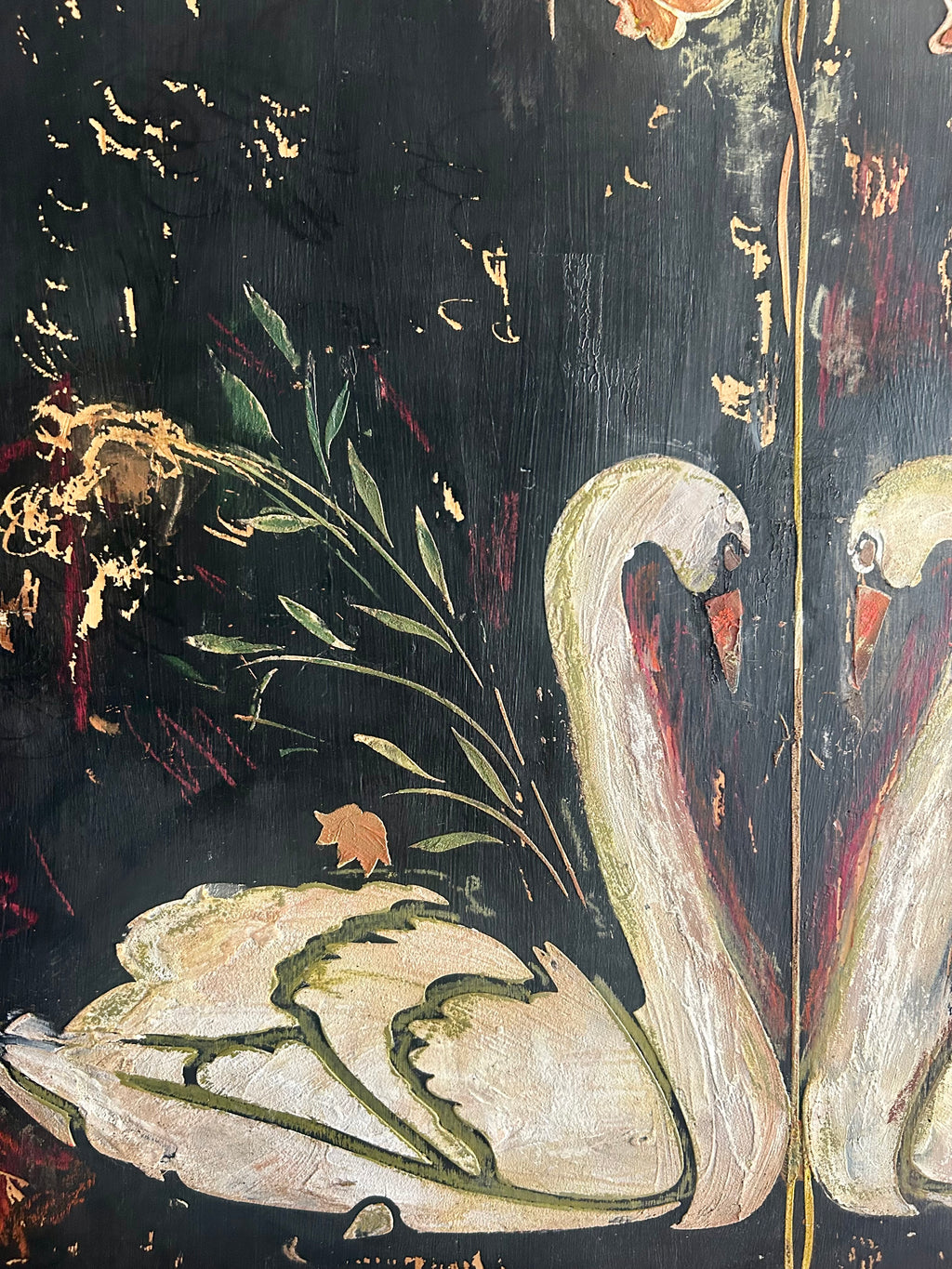 Vintage Painted Pine Armoire with Folk Art Swan Design