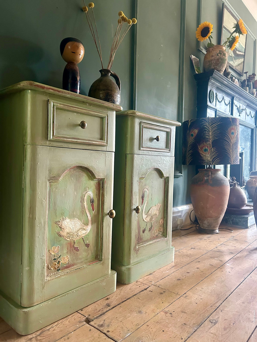 Vintage Painted Folk Art Bedside Cupboards