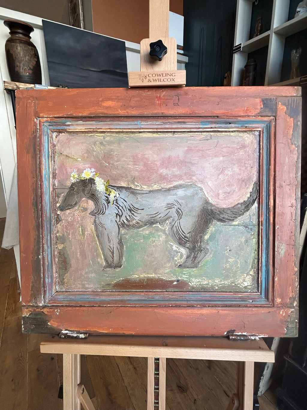 Reclaimed Door Wallhanging with Hound and Daisy Chain