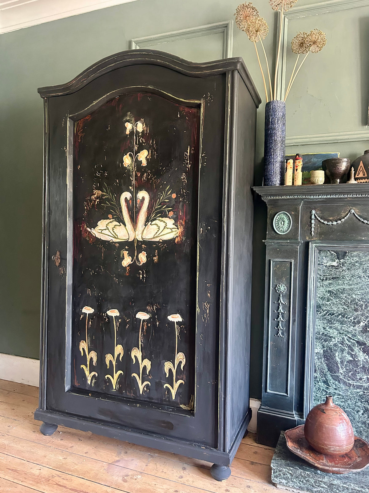 Vintage Painted Pine Armoire with Folk Art Swan Design