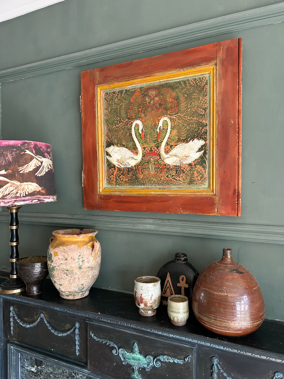 Reclaimed Door Wallhanging Folk Art Swans