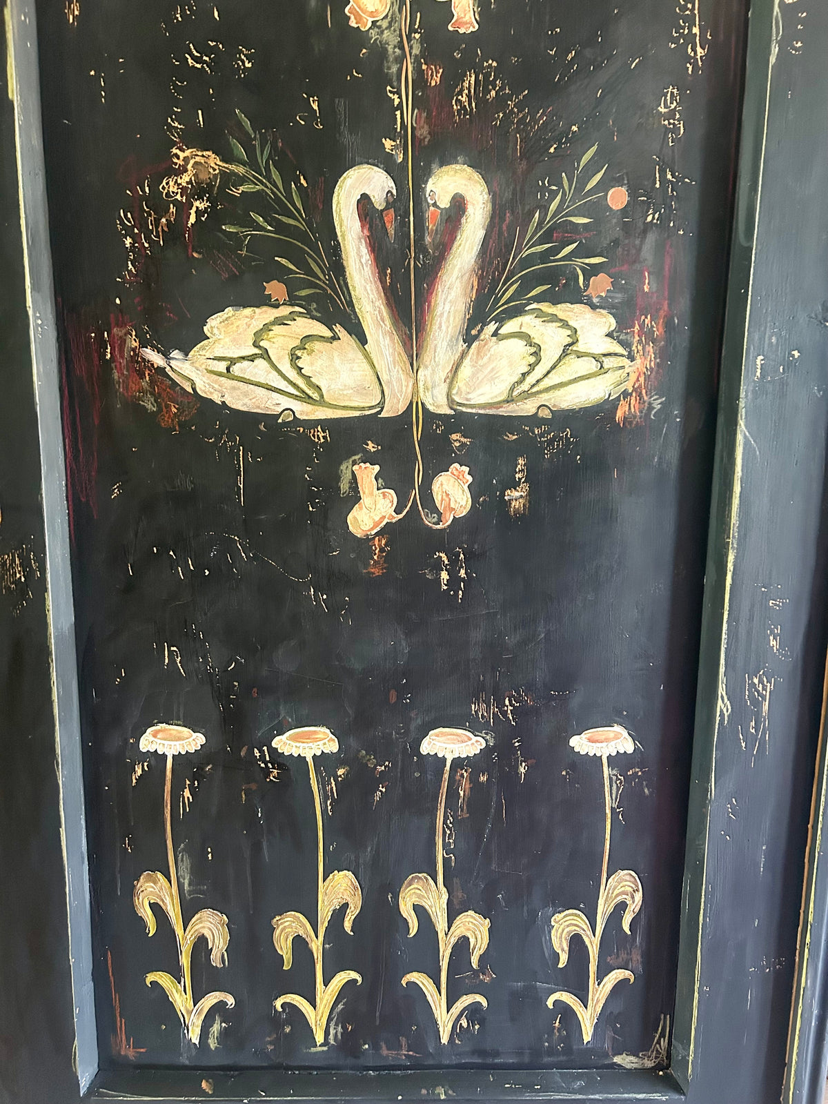 Vintage Painted Pine Armoire with Folk Art Swan Design