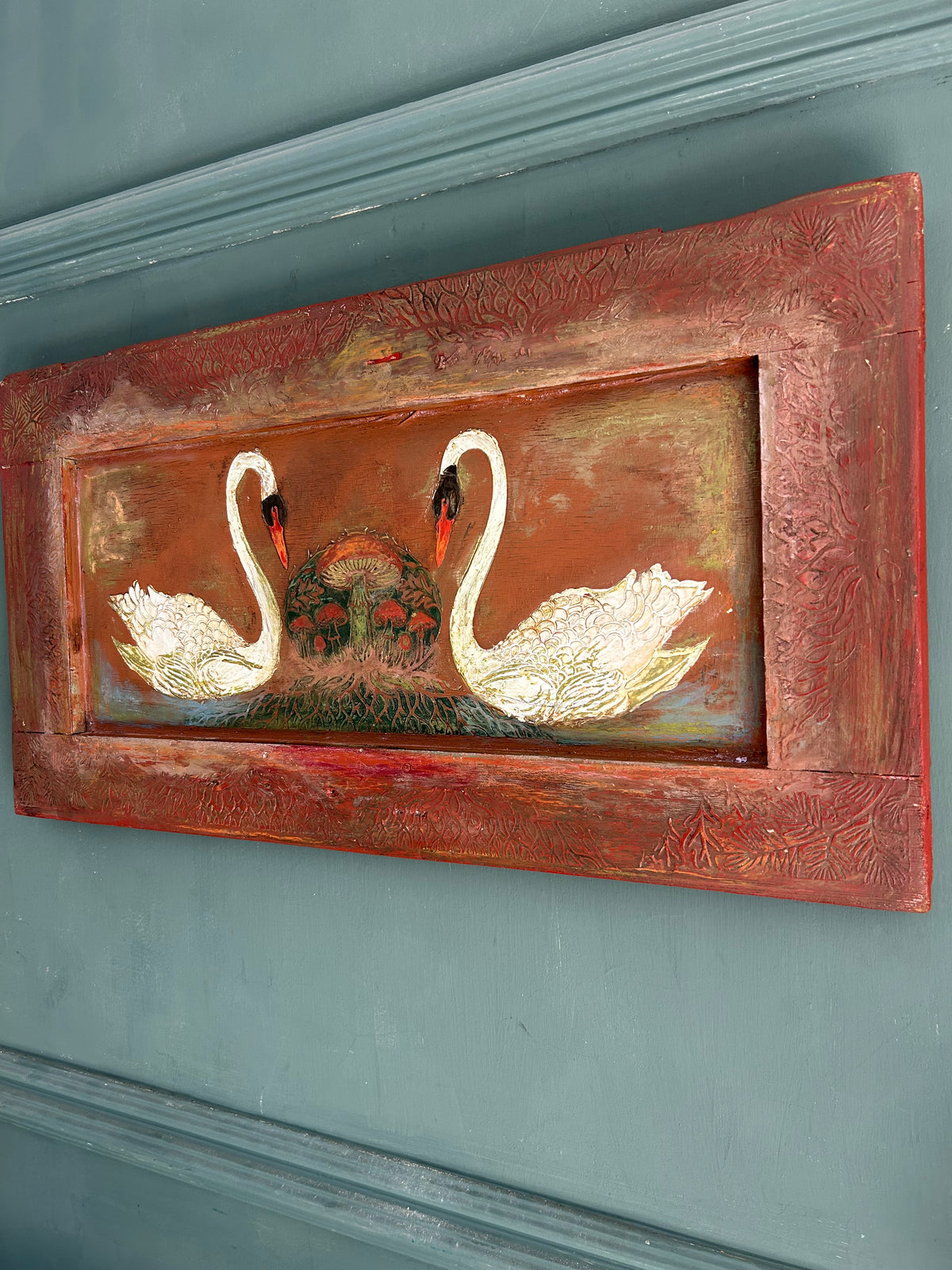 Vintage Reclaimed Door Wallhanging with Folk Art