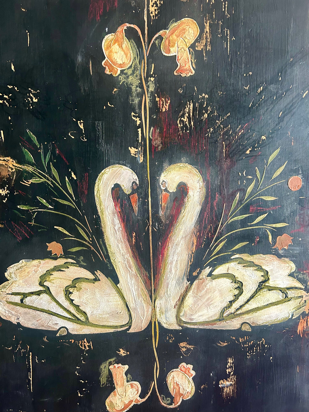 Vintage Painted Pine Armoire with Folk Art Swan Design