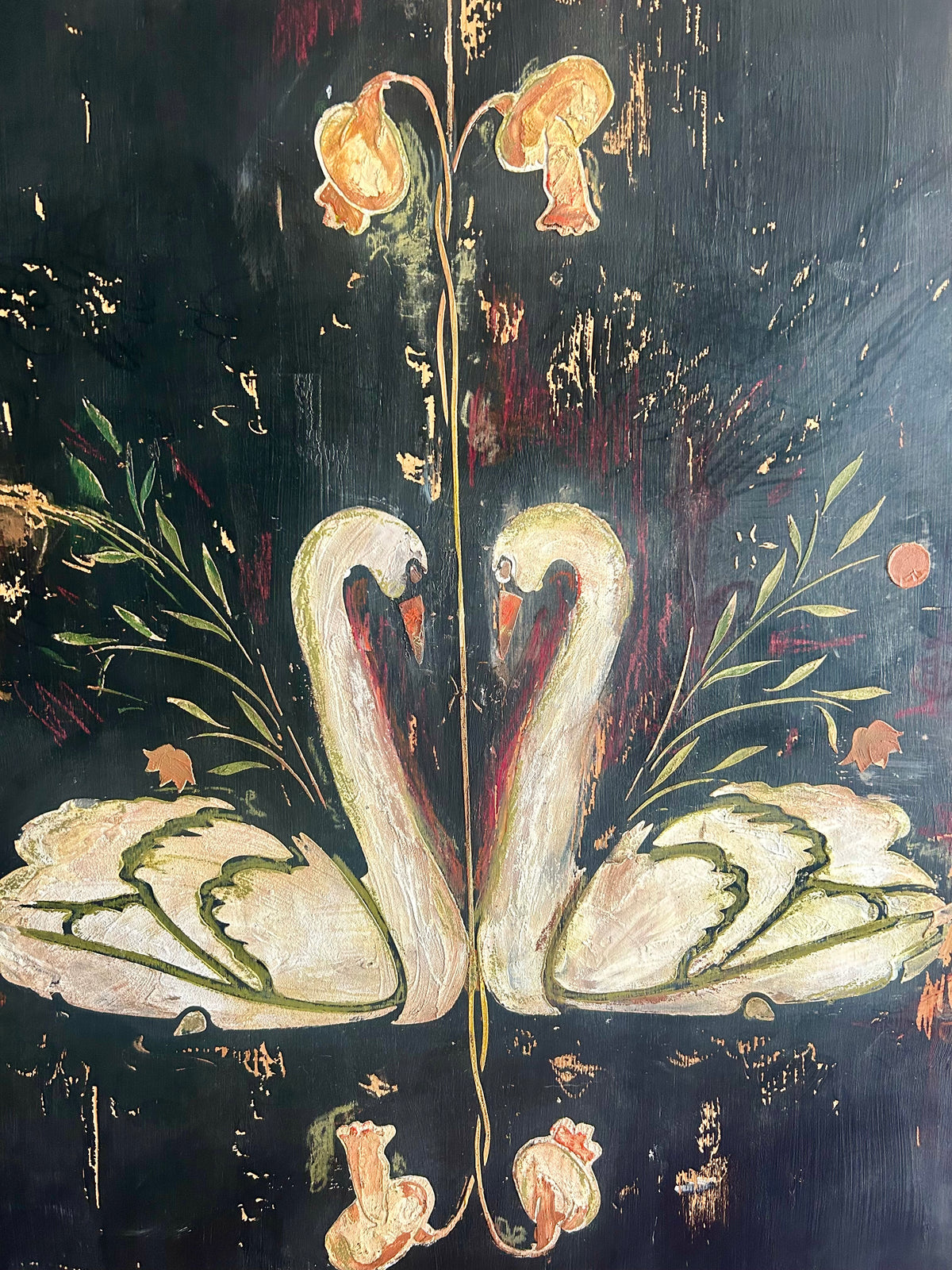 Vintage Painted Pine Armoire with Folk Art Swan Design