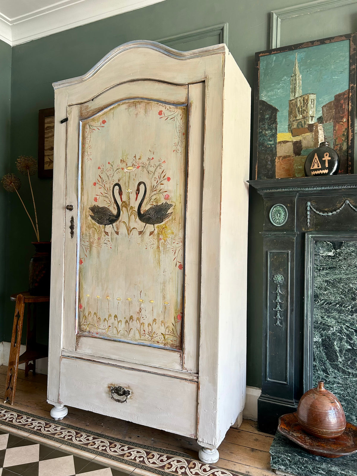 Vintage Folk Art Swan Armoire