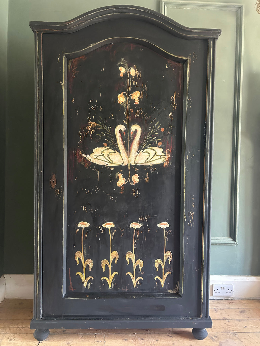 Vintage Painted Pine Armoire with Folk Art Swan Design