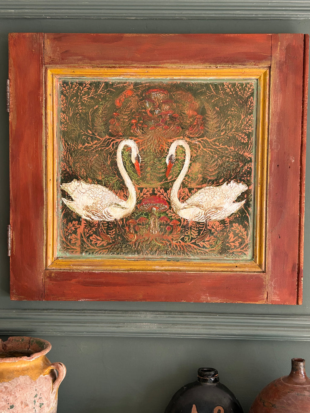 Reclaimed Door Wallhanging Folk Art Swans